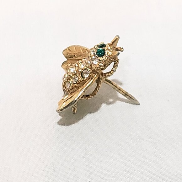 Rhinestone Bee Fly Insect Tie Tack 3/4" Metal Gold tone White Lapel Pin - Picture 3 of 6